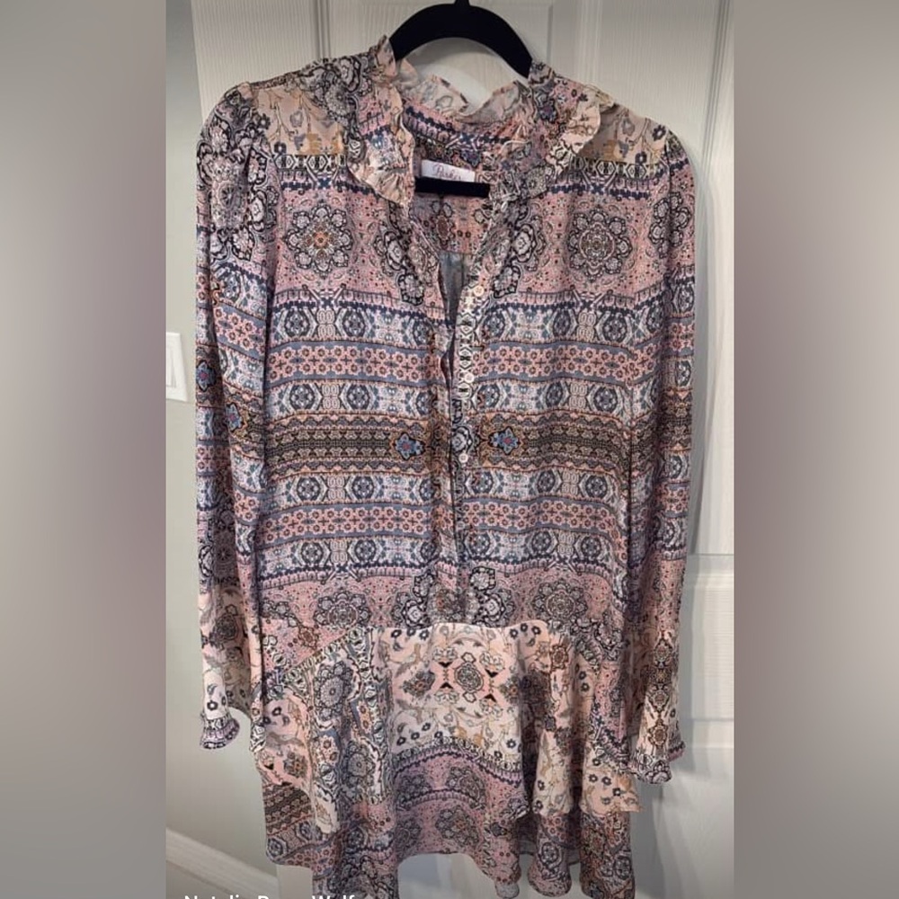 Parker Pink and Brown Asymmetrical Dress with Mandarin Collar